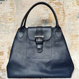 Longchamp Navy Blue Pebbled Leather Vintage Handbag